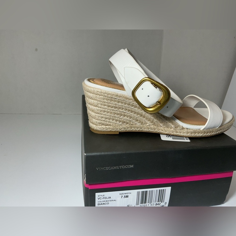 Vince Camuto White Wedge Sandals with Gold Buckle - Picture 3 of 5